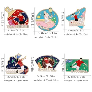 Set of 6 sports enamel pins featuring tennis, football, and badminton on white background