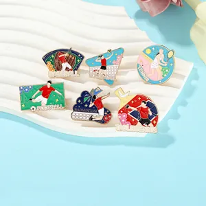 Detail view of sports enamel pins featuring baseball, football, and tennis designs