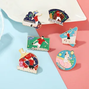 Set of six sports enamel pins including football and tennis on a blue and pink background