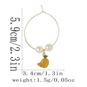 Detailed dimension view of gold hoop earring with enamel banana charm and faux pearls