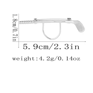 Detailed dimensions of golf club brooch: 5.9cm length and 1.8cm height with weight specs