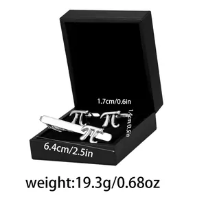 Silver Pi symbol cufflinks and tie clip set in black leather gift box for men
