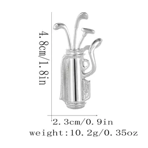 Detailed view of silver golf bag brooch with sparkling zircons and dimensions of 4.8cm