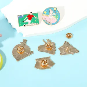 Creative metal enamel sports brooches featuring football and tennis designs with butterfly clasp
