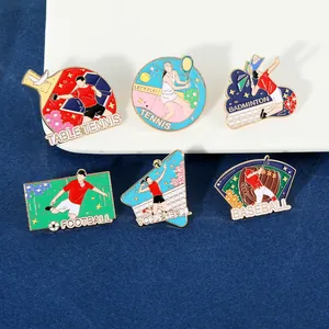 Detailed set of six sports enamel pins featuring tennis, football and badminton designs