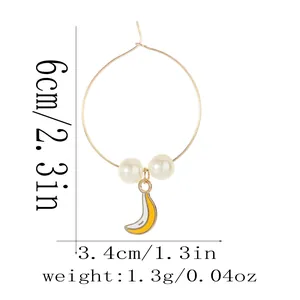 Detailed size specifications for alloy banana and pearl drop earrings shown in gold finish