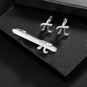 Men Business Silver Alloy Pi Symbol Tie Clip And Cufflinks Set Mathematical Formula Pattern Shirt Accessories For Men