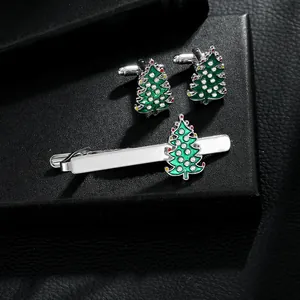 Pince à Cravate Et Boutons de Manchette Arbre de Noël en Émail Vert pour Hommes Ton Argent Strass Accessoires de Costume de Fête