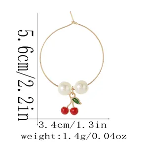 Detail view of cherry and pearl hoop earring with exact dimensions and weight specifications