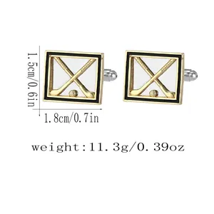 Detail view of gold golf club cufflinks with size markings and weight specifications