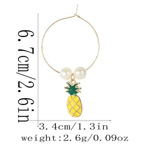 Detail showing dimensions of pineapple fruit drop earrings with white pearls in gold finish