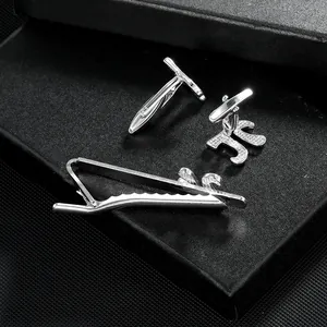 Silver business tie clip and cufflink set with sparkling letter J cubic zirconia inlay