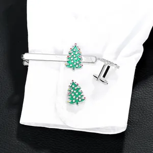 Ensemble pince à cravate et boutons de manchette de Noël avec motif sapin en émail vert