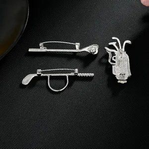 Three-piece silver golf club and bag brooch set with sparkling zircon for suit lapels