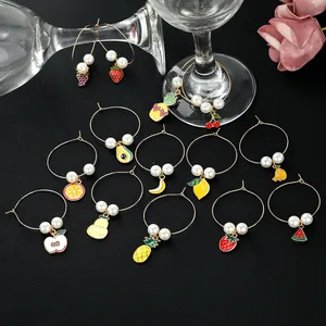 Alloy Enamel Fruit Wine Glass Charms With Faux Artificial Pearls Assorted Strawberry Pineapple Grape For Party Wedding Drink Markers