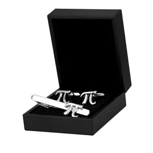 Silver tie clip and cufflinks set with pi symbol in a black jewelry gift box