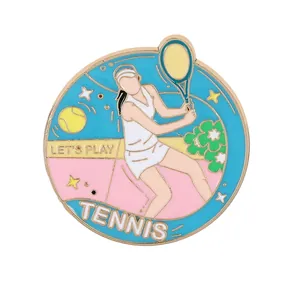 Cartoon enamel pin featuring a female tennis player with Let's Play Tennis lettering