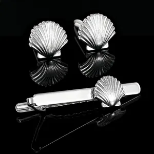 Silver tie clip and cufflinks set with geometric shell texture for men business shirts