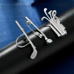 Three-piece silver golf club and bag brooch set with sparkling zircon accents for suits