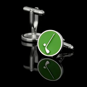 Detailed close-up of green enamel golf-themed cufflinks with a polished silver finish