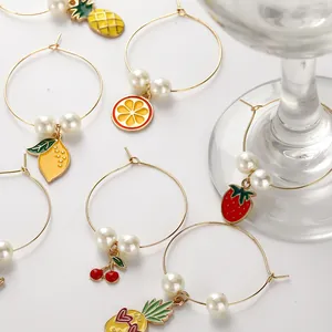 Colorful fruit-themed wine glass charms with gold alloy strawberry and pearl details