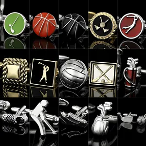 Macro detail of various sports-themed enamel metal cufflinks with polished reflections