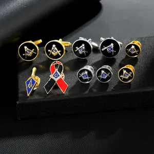 Accessoire Homme Logo Maçonnique Équerre et Compas Alliage Émail Boutons de Manchette Ruban Broche Badge Or Argent Strass Bijoux