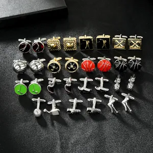 Detailed macro view of assorted sports themed metal cufflinks with colorful enamel finish