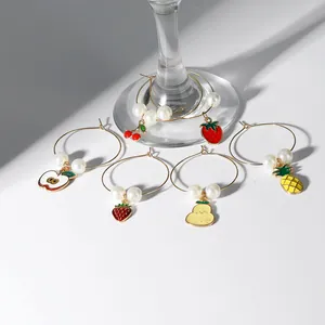 Set of 6 fruit-themed wine glass charms with colorful enamel charms and faux pearls