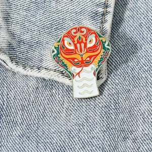 Cute Chinese style snake enamel brooch on denim collar, traditional opera mask design
