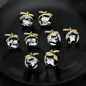 Detailed set of 8 gold cufflinks featuring various cute black and white cat illustrations