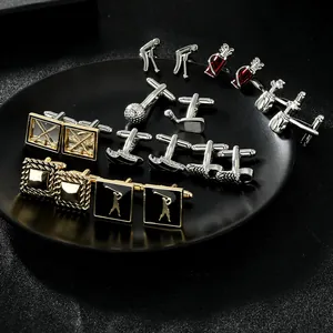 Detailed close-up of premium golf-themed metal cufflinks with silver and gold enamel finish