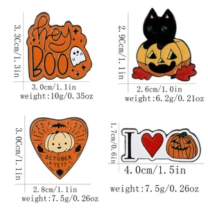 Set of four Halloween enamel magnets featuring ghosts, black cats, and festive pumpkins