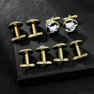 Elegant gold round cufflinks for men featuring cute sleeping cat illustrations