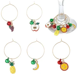 6-piece fruit wine glass charm set with colorful metal pendants and bells on white base