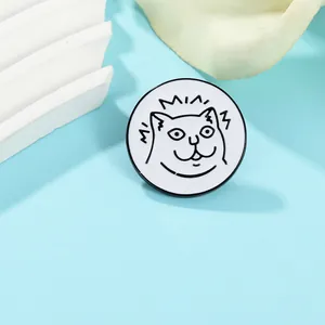 Macro detail of round cartoon cat enamel pin with funny MINI head design on blue background