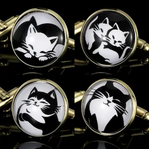 Men's Round Alloy Cat Cufflinks Gold Plated Glass Dome Cute Black White Kitten Pattern Business Wedding Suit Accessories