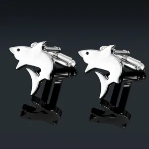 Boutons de manchette requin en argent poli avec émail blanc pour chemises d'hommes