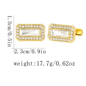 Gold rectangular crystal cufflinks for men with white zircon pavé and dimensions