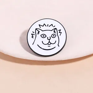 Cartoon Cat Enamel Brooch Pin Round White Black Metal Badge For Bags Clothing Accessories Cute Japanese Style Jewelry Gift