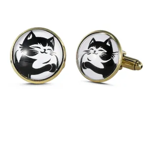 Golden round cufflinks for men featuring cute cartoon cat illustrations and toggle closure