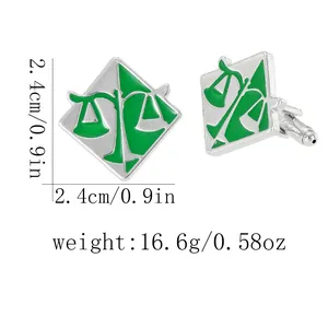 Exquisite silver round cufflinks with green enamel scales design for men's formal shirts