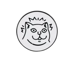 Minimalist black and white cat enamel badge with MIA MIA text on white background