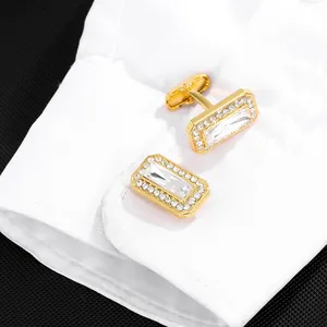 Gold rectangular zircon cufflinks for men's French shirts with clear crystal accents