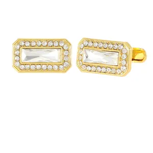 Golden rectangular zircon cufflinks for men with crystal pavé and polished finish