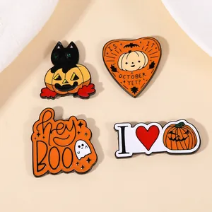 Set of four Halloween enamel pins featuring cute black cat, ghost and pumpkin badges