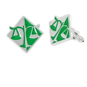 Mens round silver cufflinks with green enamel scales of justice design on white base