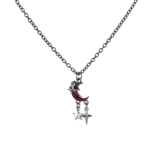 Retro punk star moon pendant necklace in vintage silver alloy with red moon detail