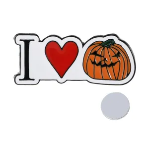 Halloween I Love Pumpkin magnetic metal brooch with orange enamel pumpkin and heart charm