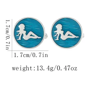 Polished silver cufflink with blue enamel and lady silhouette, 1.7cm diameter